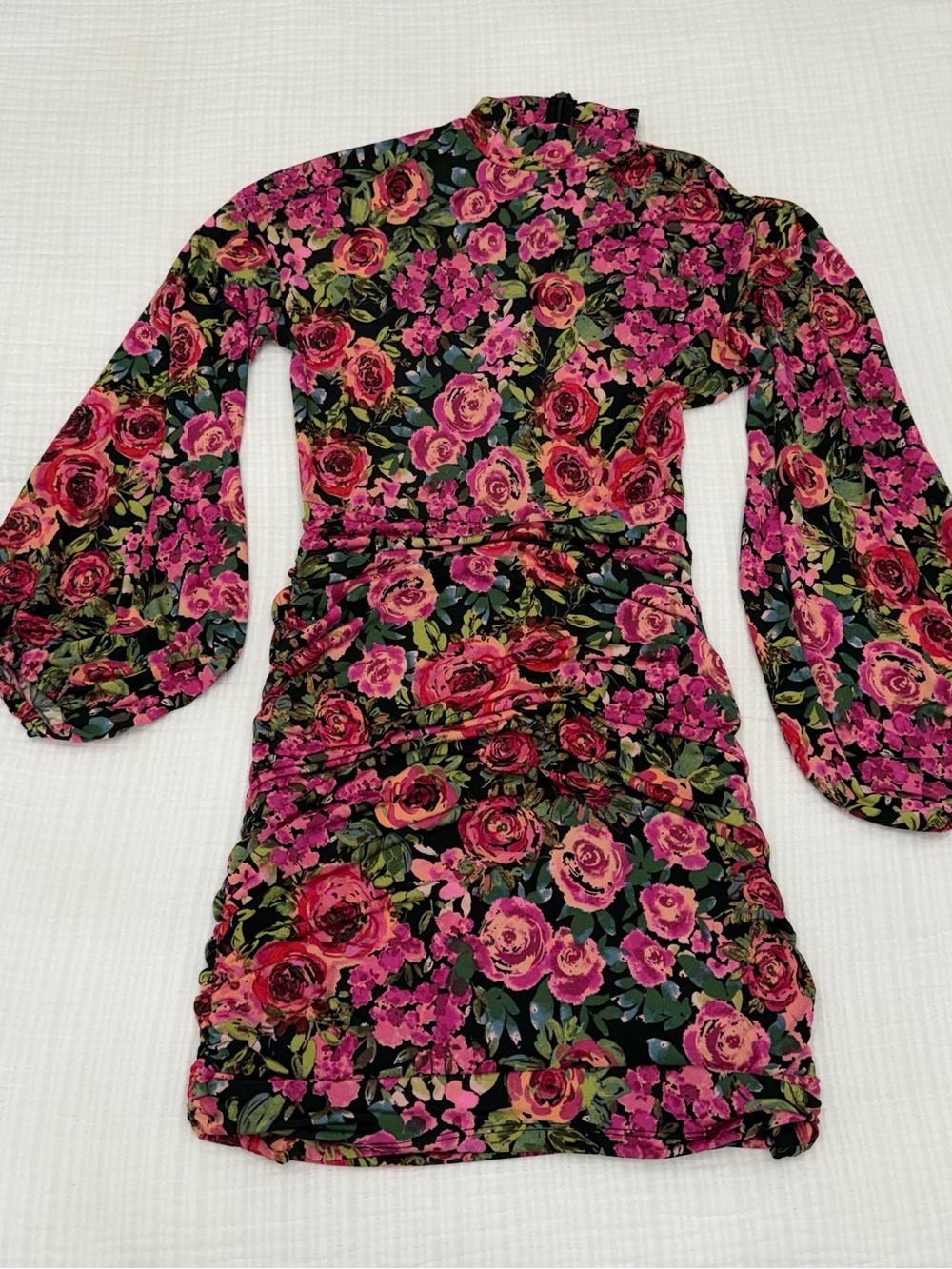 aqua floral ruched long sleeve mini dress size medium